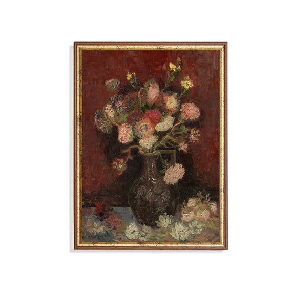 Still Life Painting Vintage Floral Print Moody Rustic Art Wall Art Flowers With Vase Oil Painting
