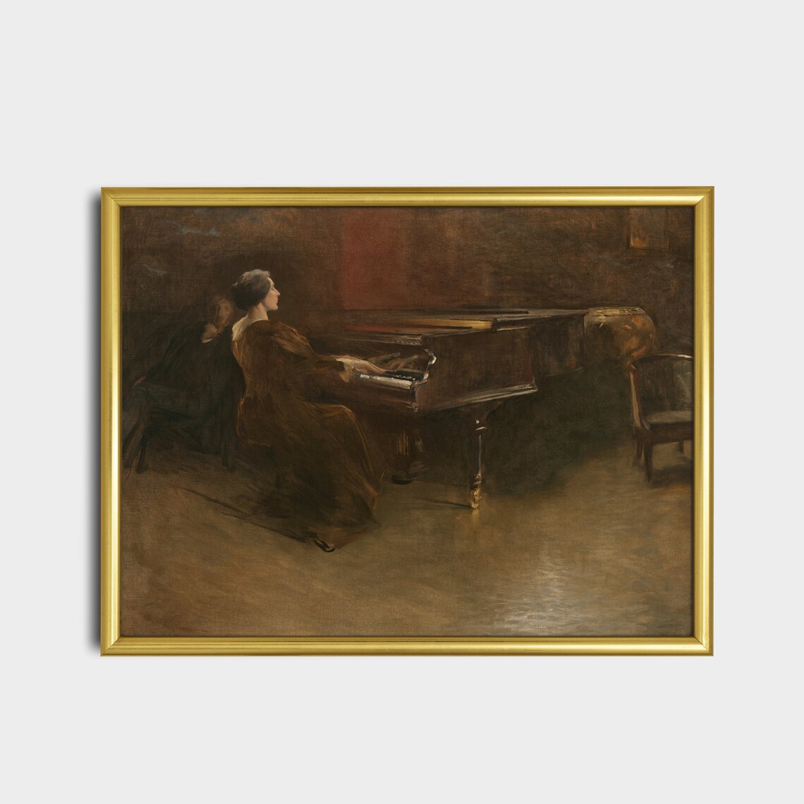 Woman Playing Piano in Dark Moody Antique Interior Painting Print - Image 2