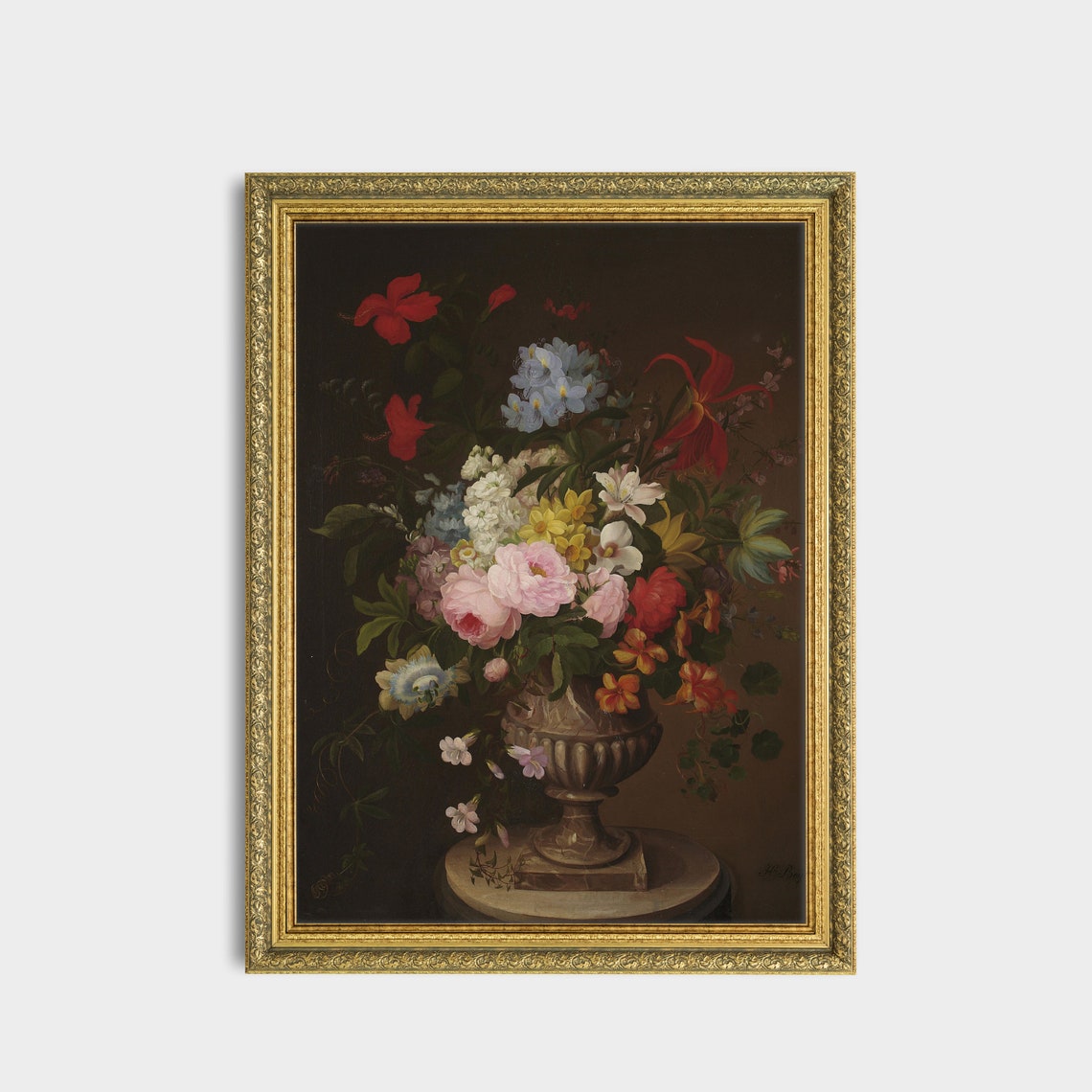 Vibrant Mixed Bouquet in a Stone Urn Antique Floral Art Poster - Image 3