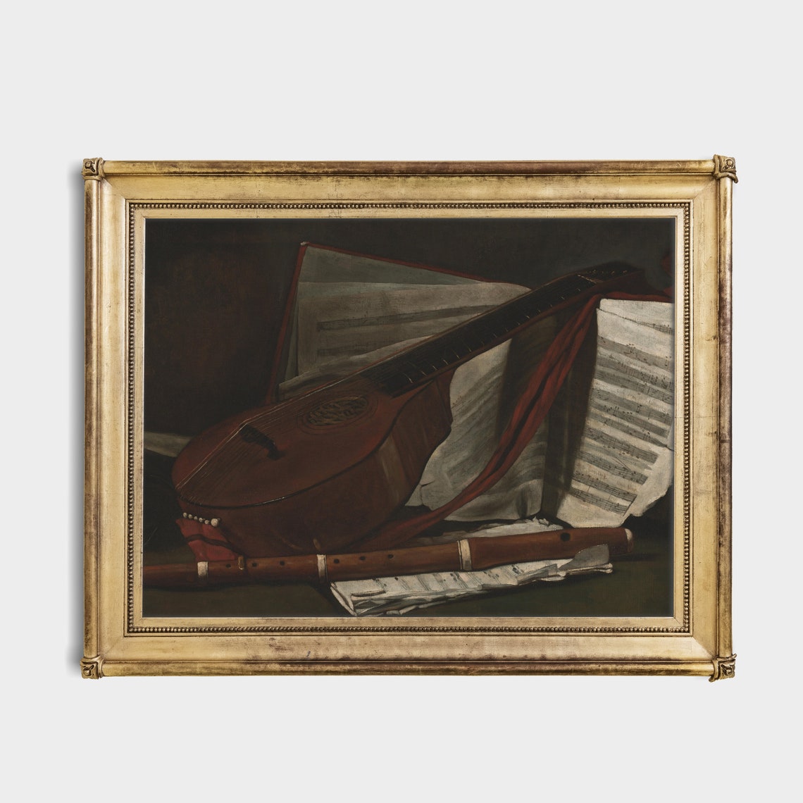 Mandolin Flute and Sheet Music Antique Instrument Still Life Poster - Image 2