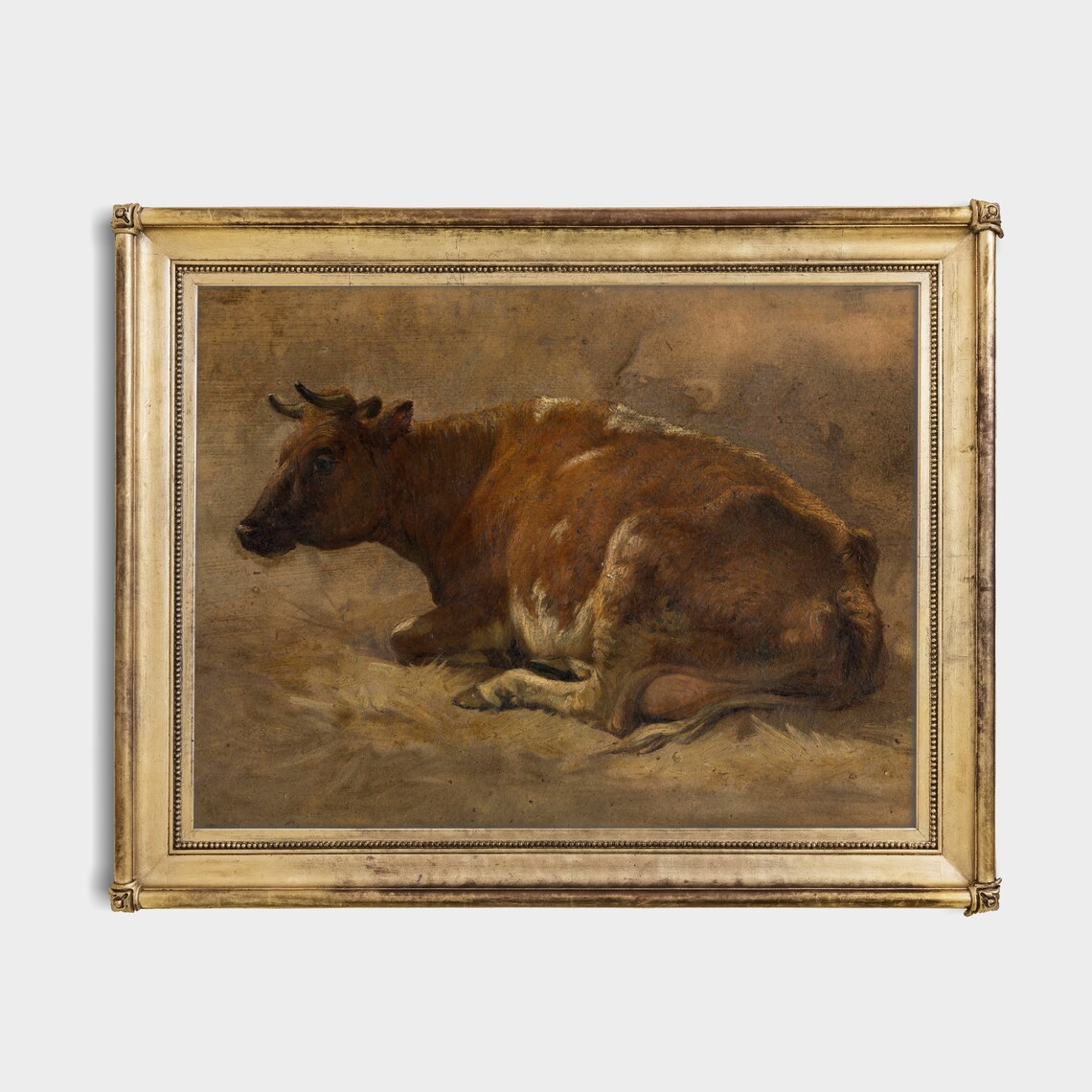 Brown Cow Resting in Straw Moody Vintage Farm Animal Painting Poster - Image 2