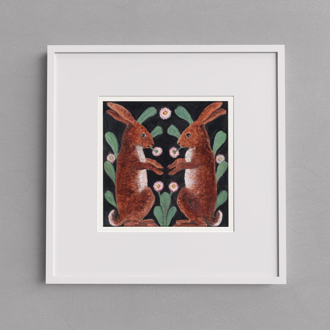 Two Hares Mirrored Folk Art Painting Whimsical Animal Poster - Image 3