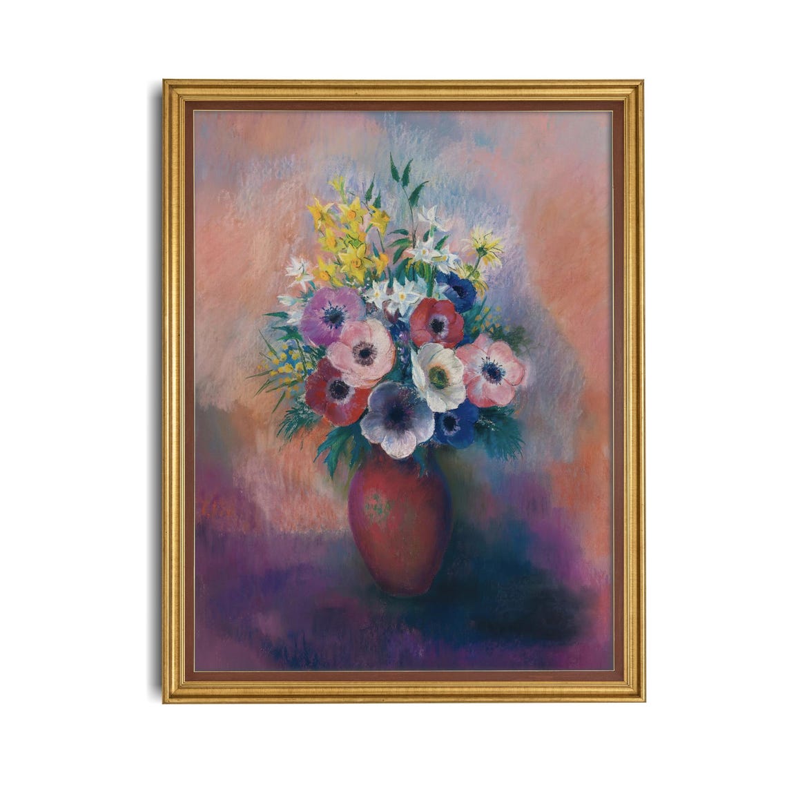 Pastel Anemone Bouquet Red Vase Soft Floral Impressionist Art Poster - Image 4