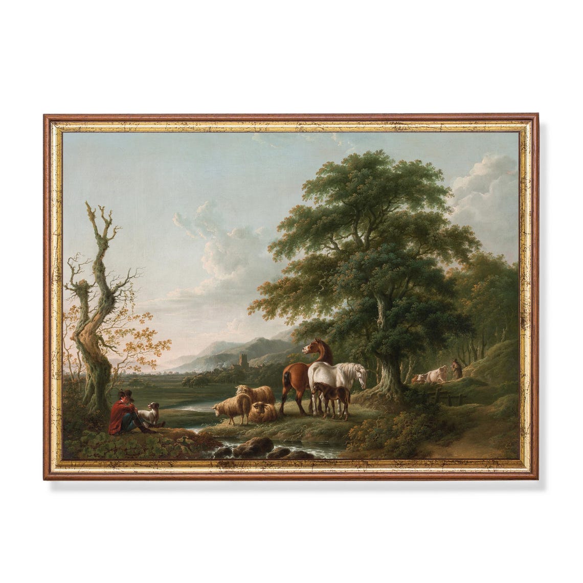 Shepherd with Horses Sheep and Dog by a Stream Pastoral Poster