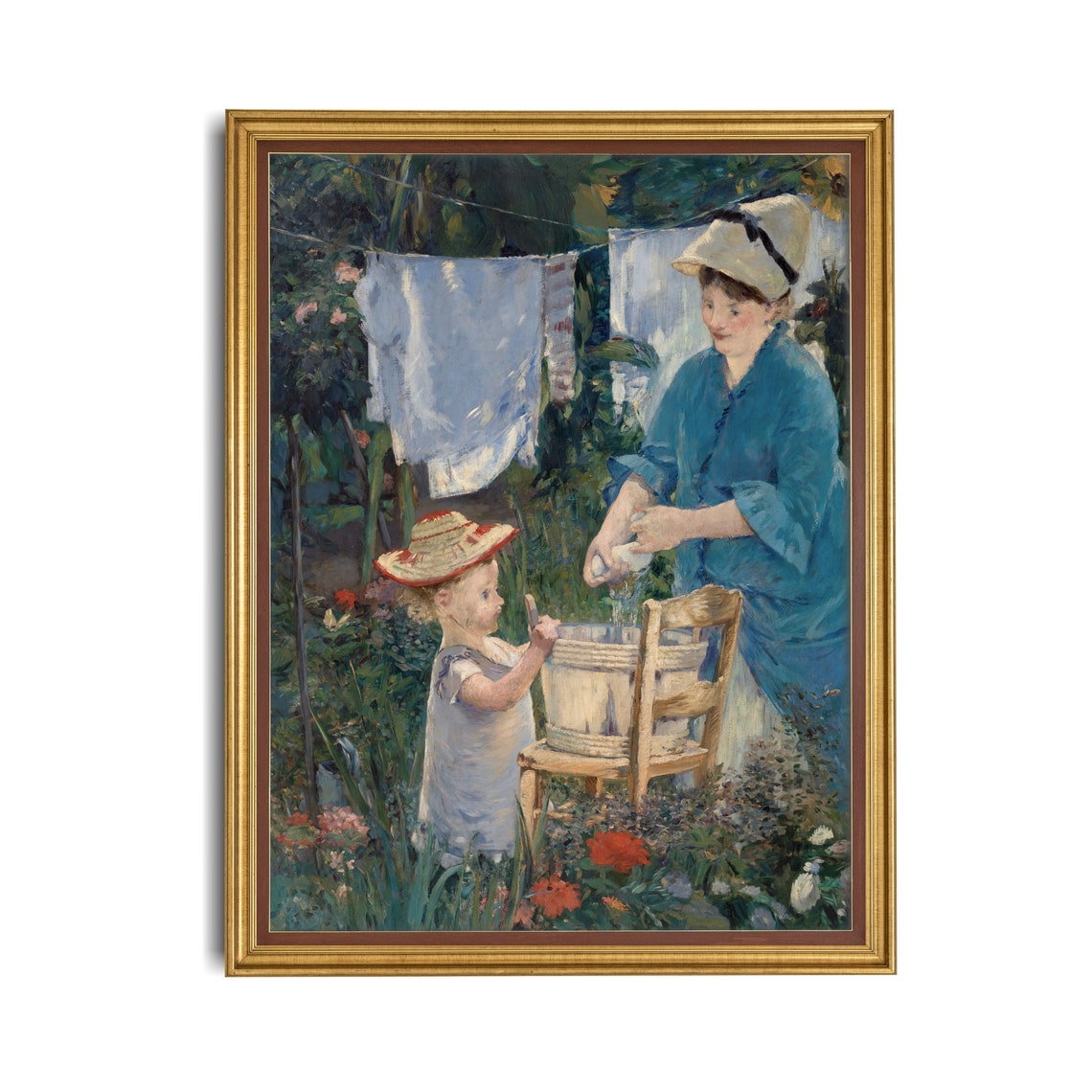 Mother and Child Hanging Laundry in a Garden Impressionist Poster - Image 4