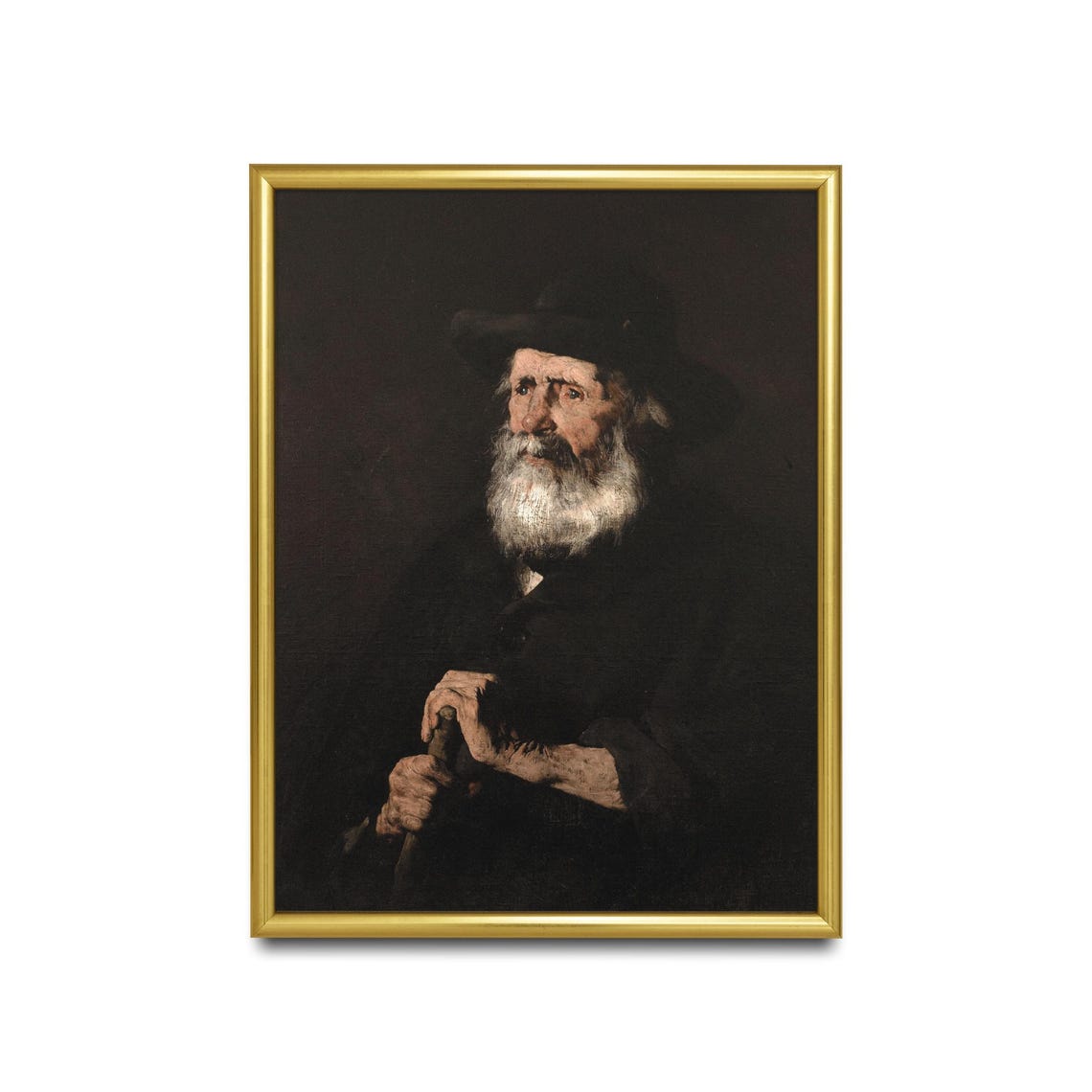 Old Bearded Man Black Hat Walking Stick Moody Oil Portrait Art Poster - Image 2
