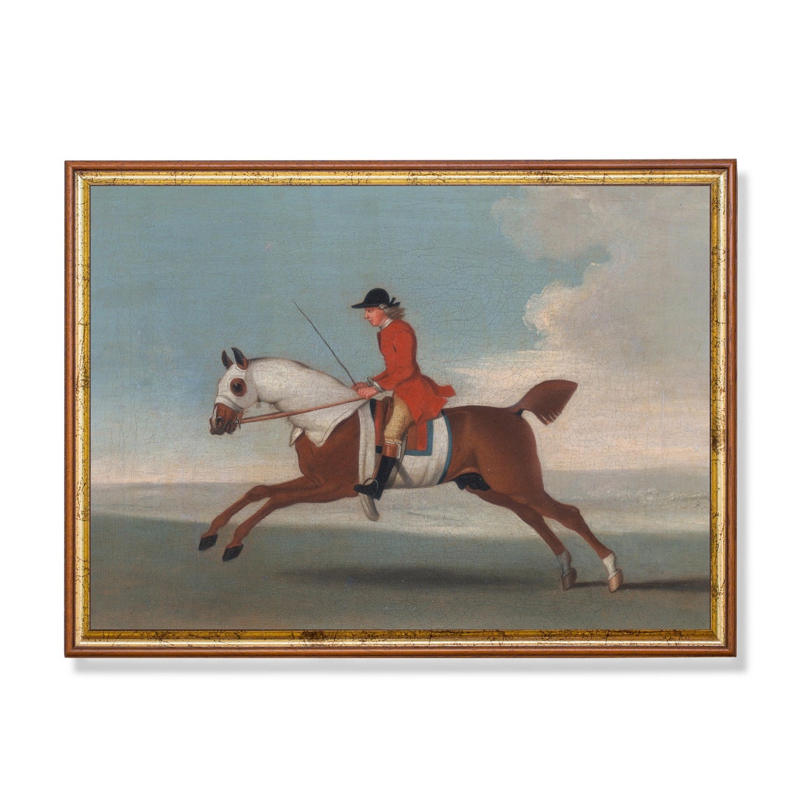 Jockey in a Red Coat Galloping a Bay Racehorse Vintage Oil Poster