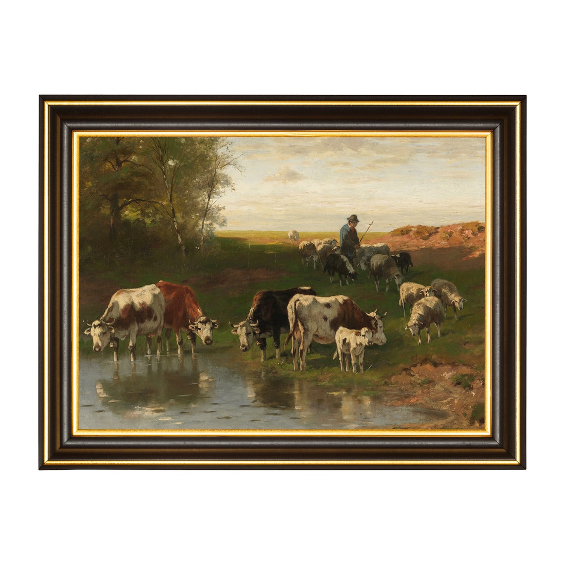 Cows and Sheep Drinking at Pond with Shepherd Pastoral Evening Poster - Image 3
