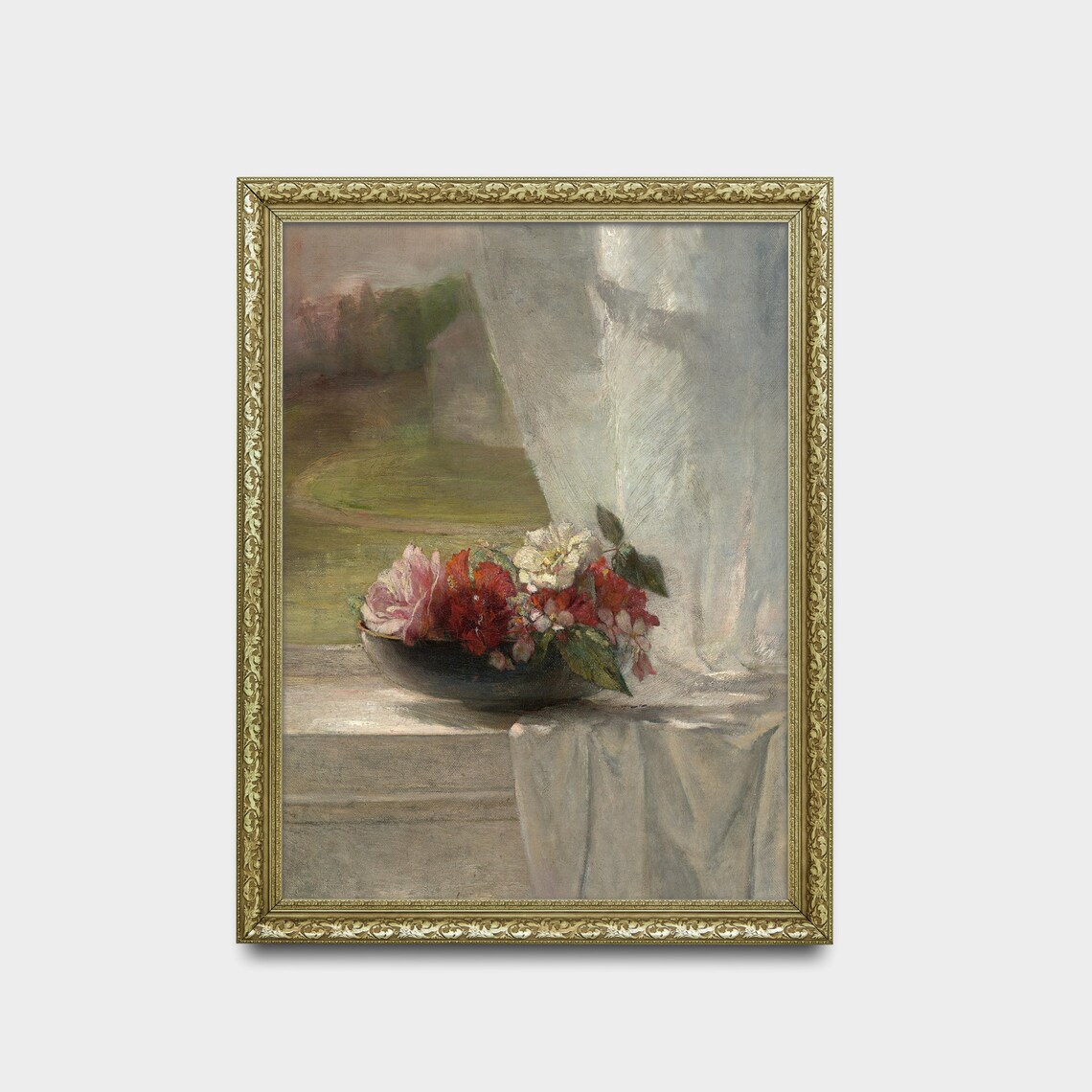 Bowl of Roses on a Windowsill Vintage Floral Painting Poster - Image 2
