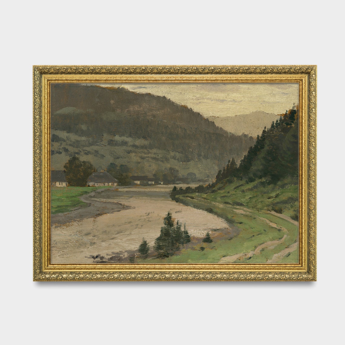 Mountain Valley With a Winding River and Cottages Vintage Poster - Image 3