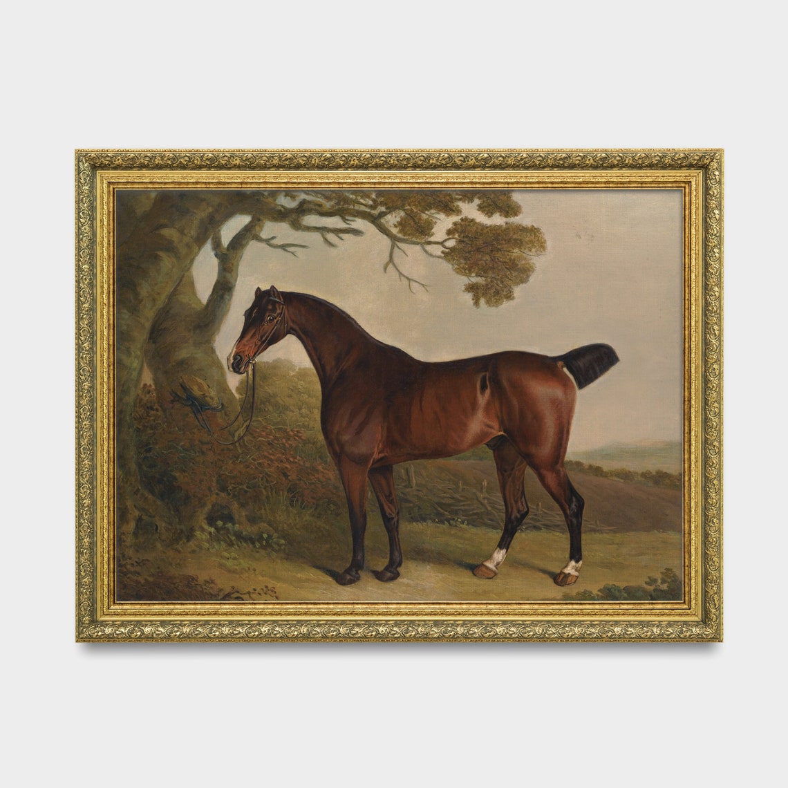 Bay Horse Standing Under a Tree Classic Equestrian Art Poster - Image 3