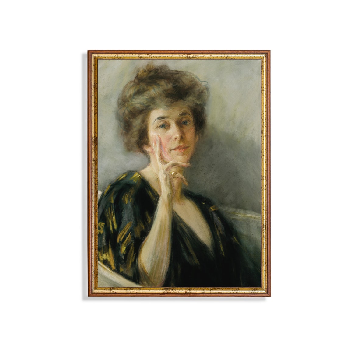 Pensive Woman in a Black Dress Antique Pastel Portrait Poster