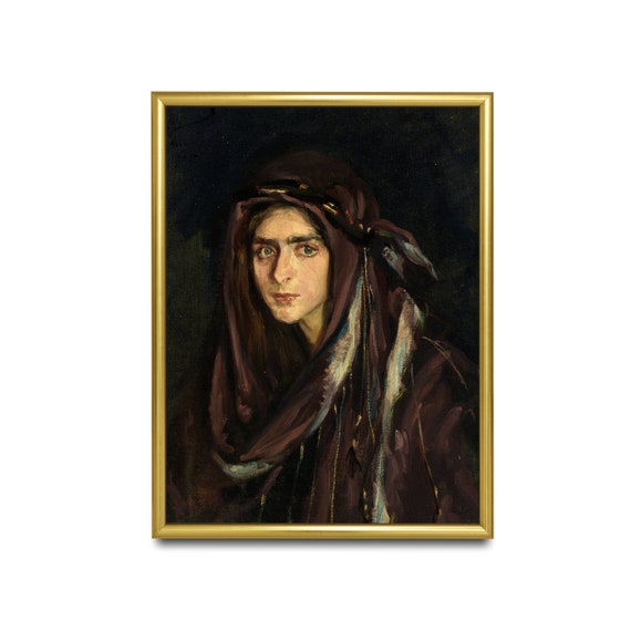 Vintage Portrait Painting Antique Woman Portrait Moody Rustic Print Wall Art 19th Century Fine Art