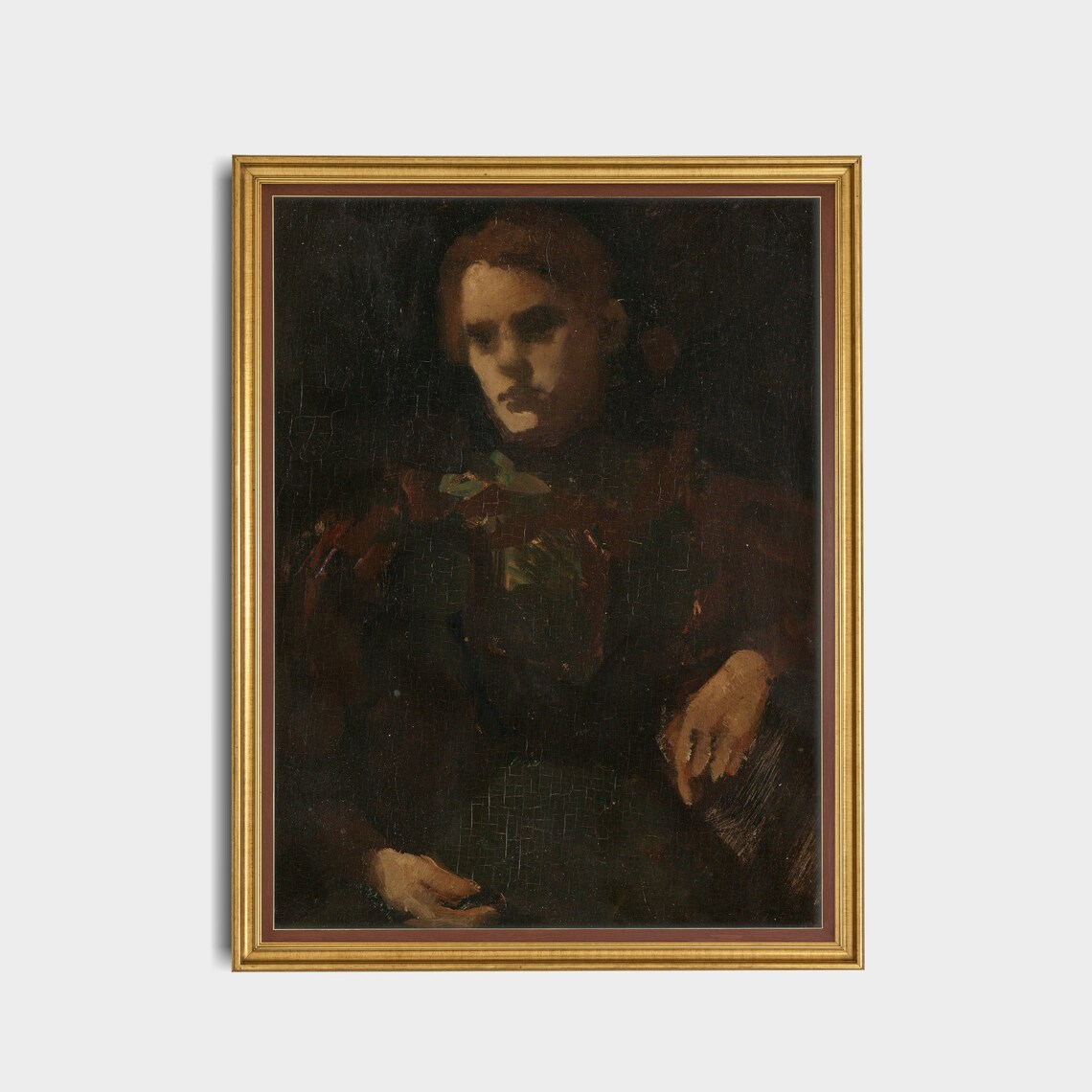 Moody Dark Portrait of a Woman Vintage Oil Painting Wall Art - Image 5