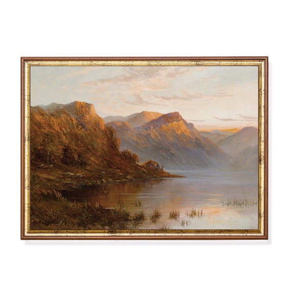 Vintage Mountain Lake Painting Antique Landscape Print Rustic Nature Fine Art Wall Art Farmhouse Decor