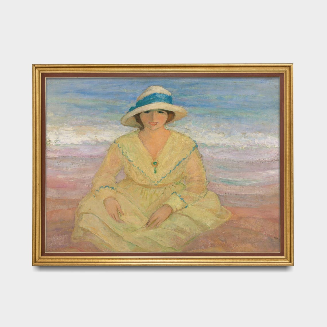 Woman White Sunhat Yellow Dress Sitting Beach Impressionist Art Poster - Image 5