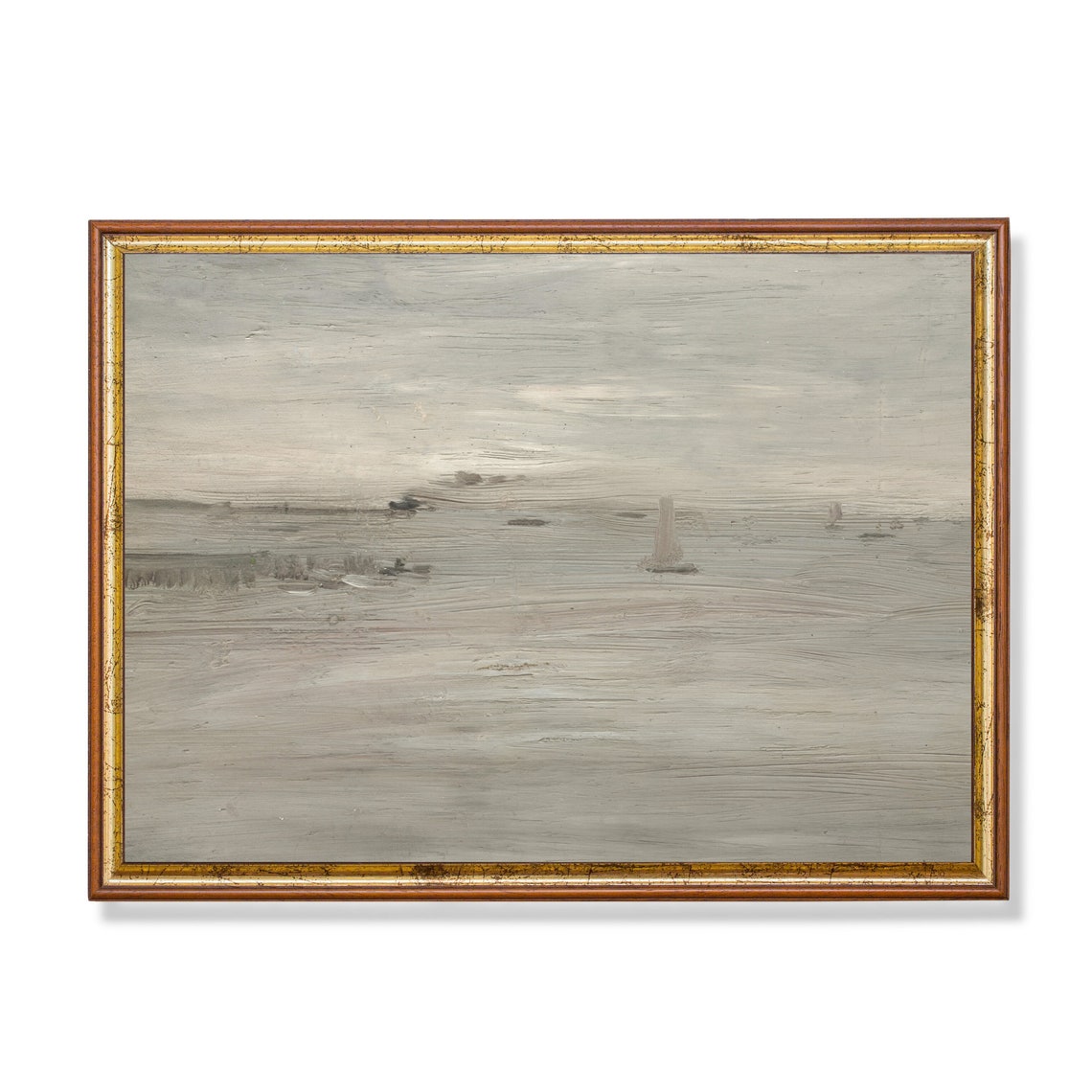 Minimal Gray Seascape With Distant Sailboats Moody Art Poster