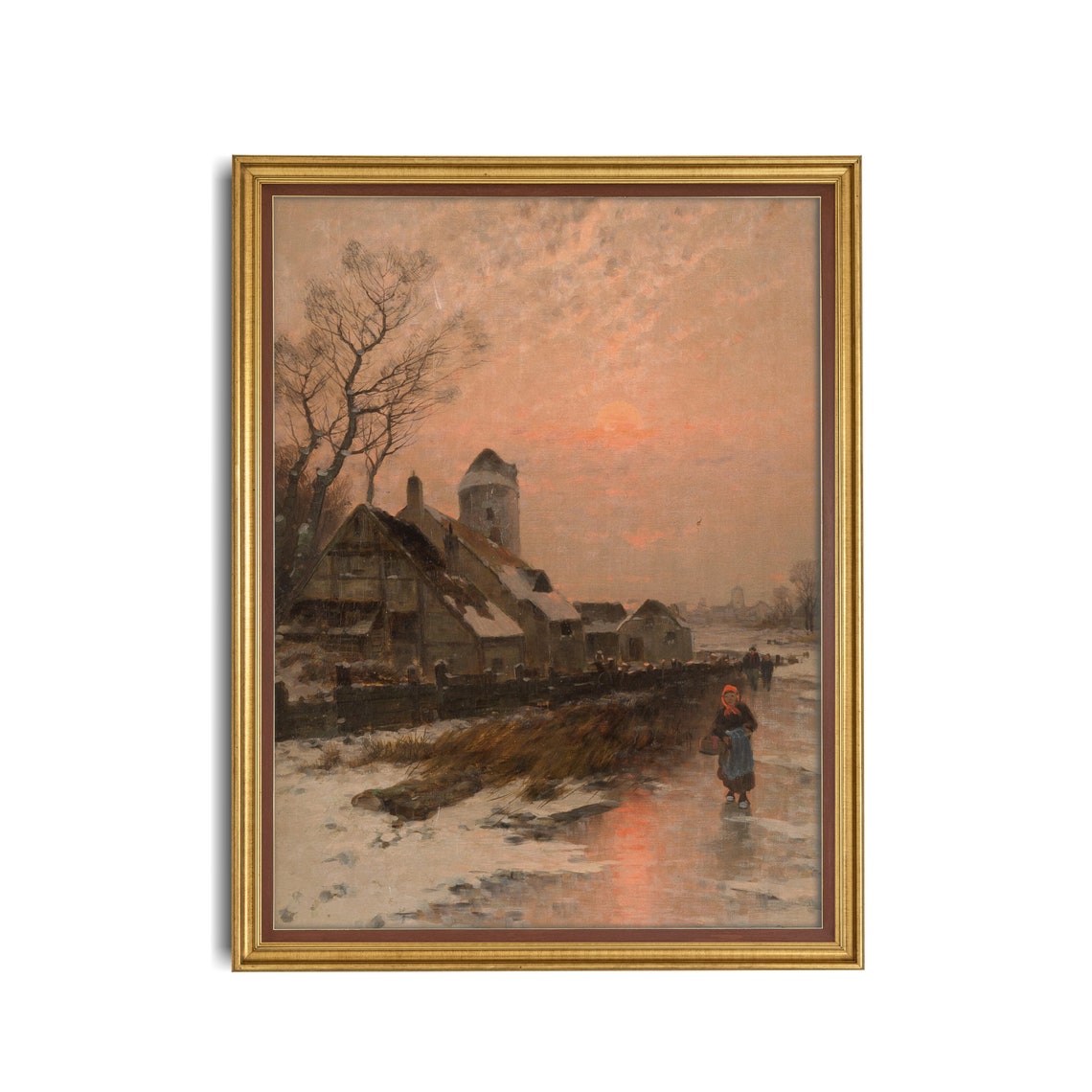 Skater on a Frozen Lake at Winter Sunset with Windmill Village Poster - Image 3