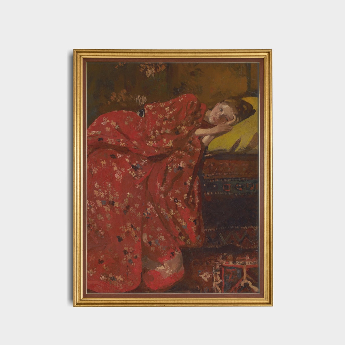 Print And Ship Vintage Portrait Painting Girl In Red Kimono Antique Girl Portrait Mailed Art 18th Century Fine Art Print - Image 3