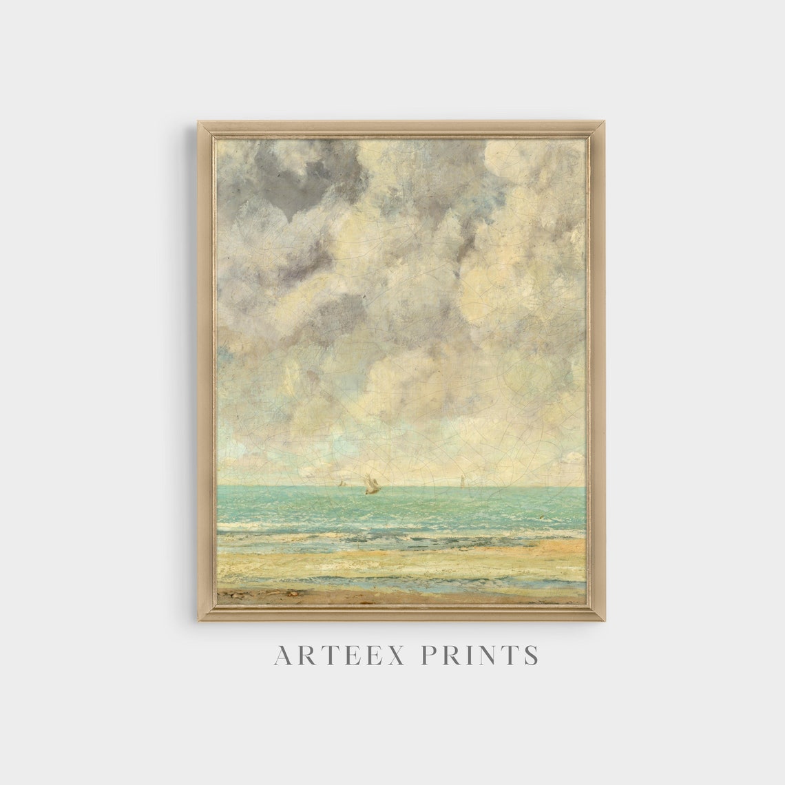 Cloudy Sky over Turquoise Sea Beach Vintage Seascape Painting Poster - Image 4