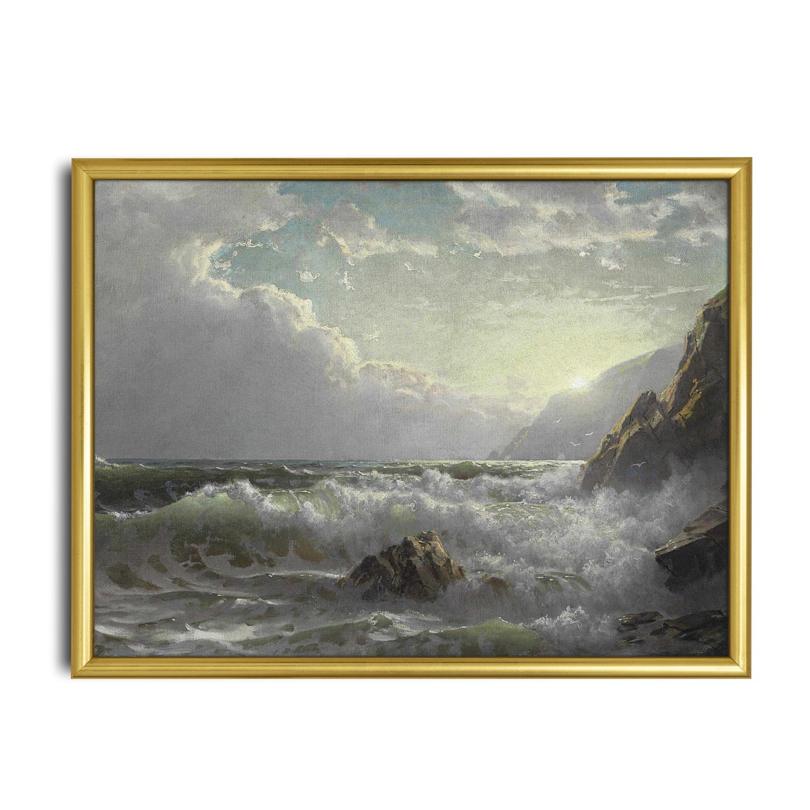 Dramatic Vintage Ocean Waves Crashing on Rocks Antique Seascape Poster