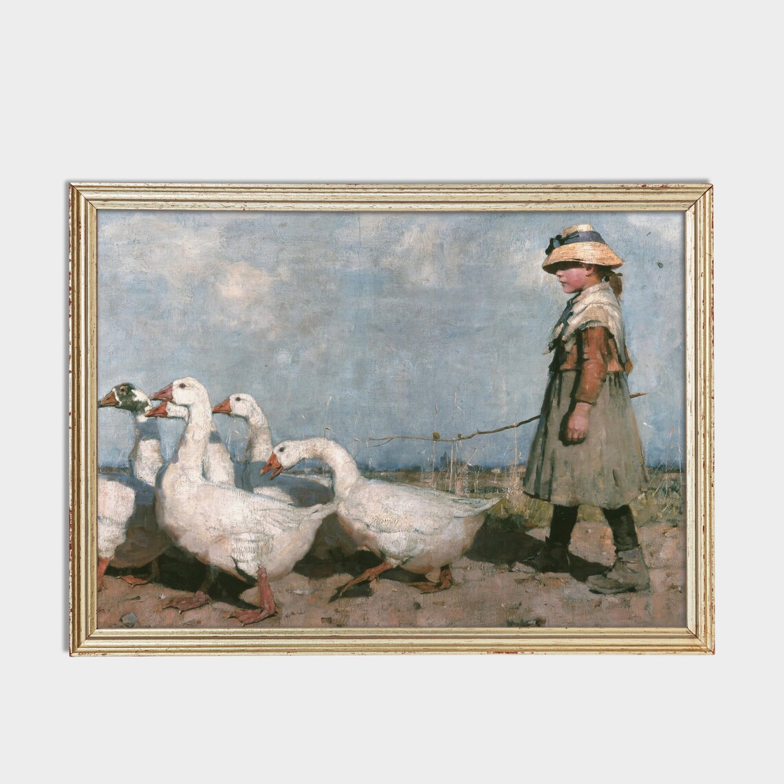 Vintage Goose Girl Herding White Geese Farm Painting Wall Poster - Image 2
