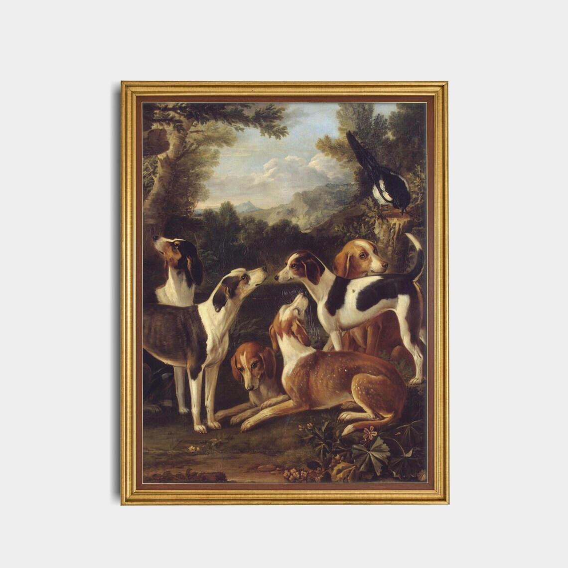 Group of Foxhounds with Magpie Woodland Antique Sporting Dog Poster - Image 4