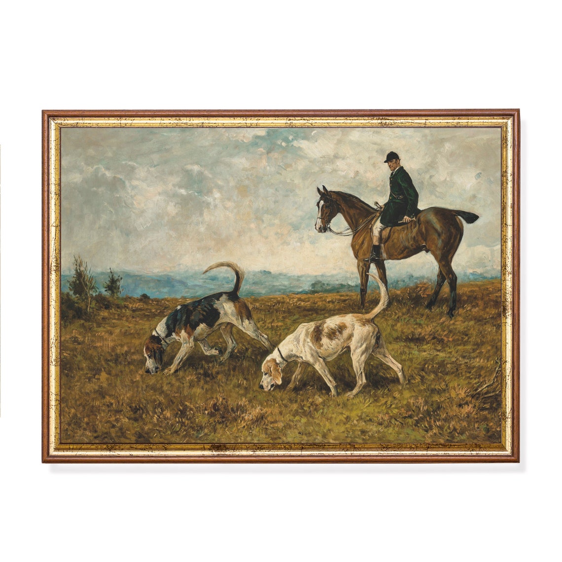 Rider on Horseback Watching Two Hounds in a Field Vintage Poster