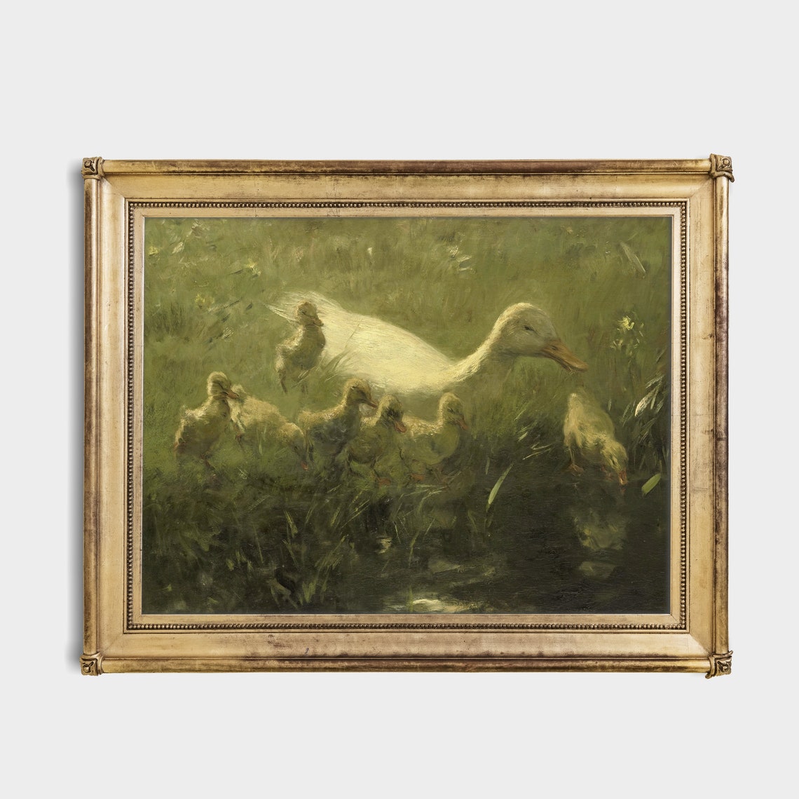 White Duck With Eight Ducklings in Grass Vintage Wildlife Poster - Image 2