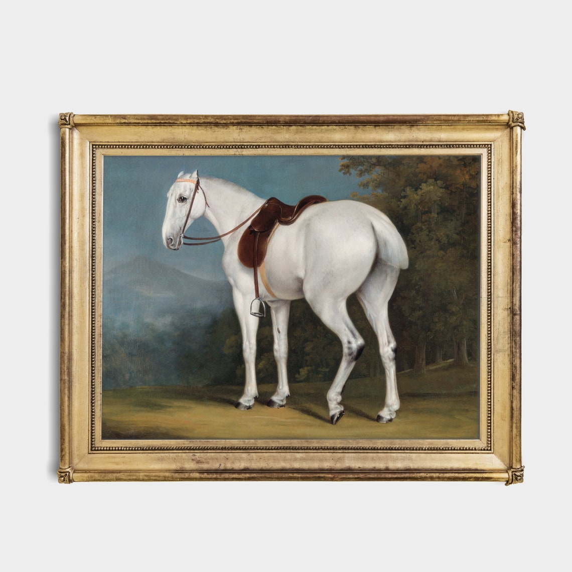 Saddled White Horse Standing in a Park Landscape Equestrian Poster - Image 4