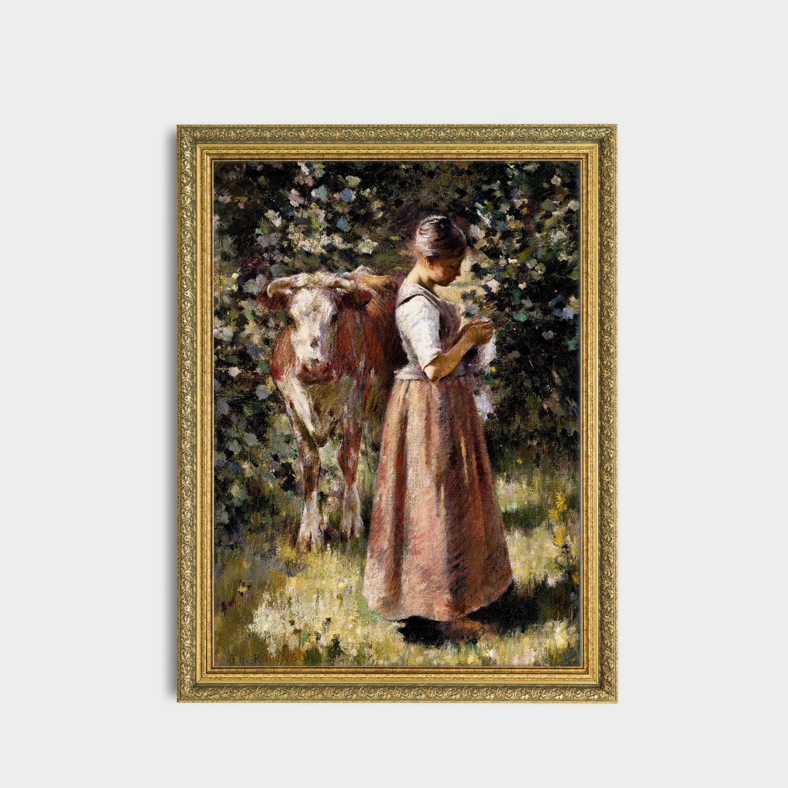 Farm Girl With Cow in a Blossoming Orchard Impressionist Poster - Image 3