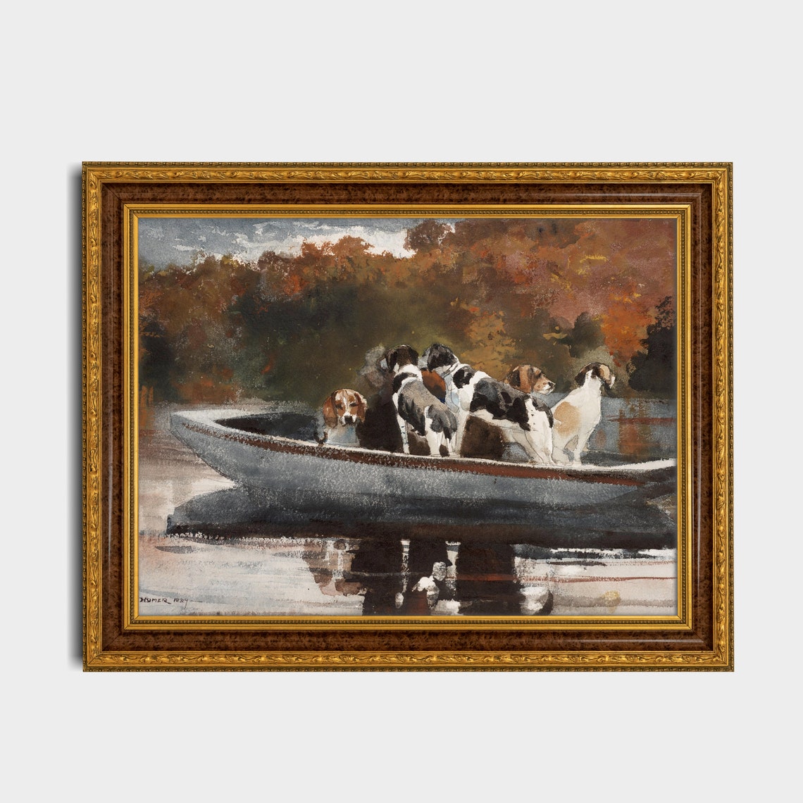 Hunting Dogs in a Canoe Signed Homer 1891 Vintage Dog Paint Poster - Image 2