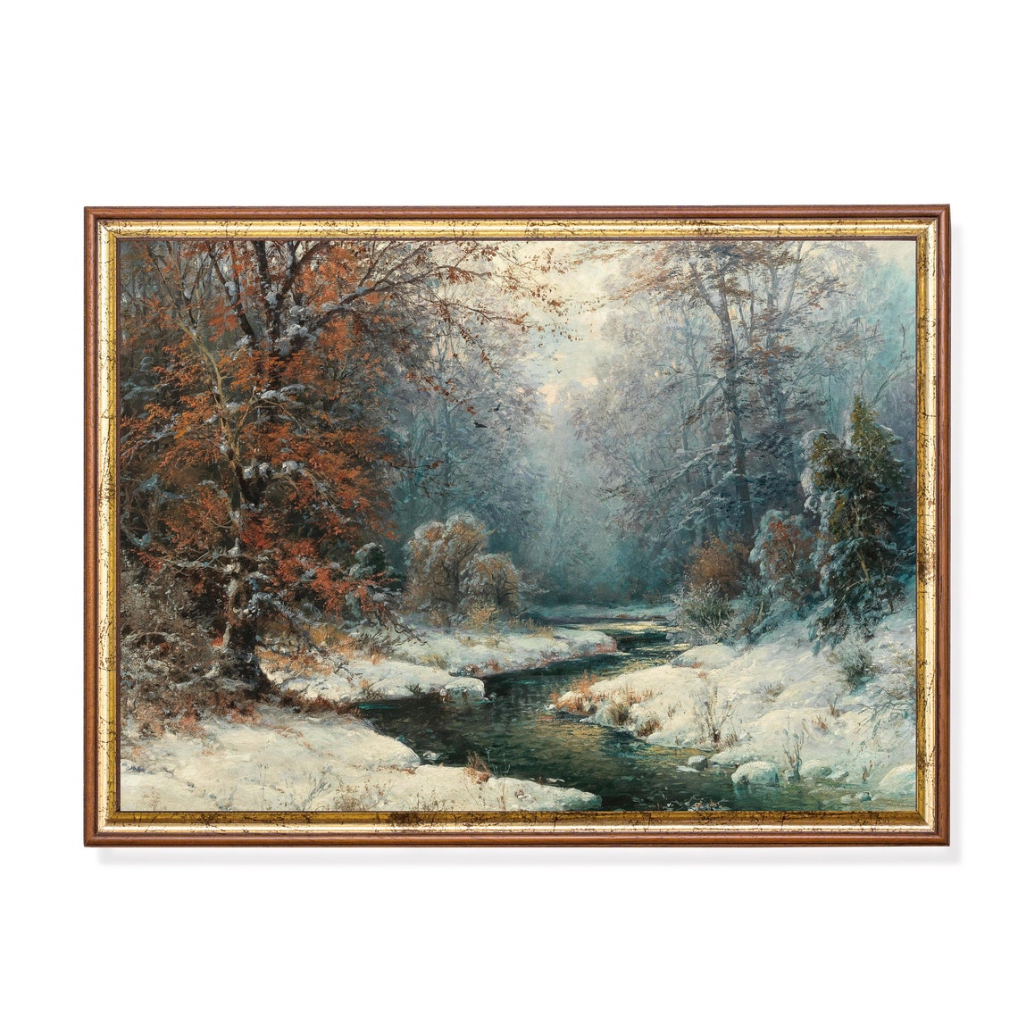 Dark River Flowing Through Snowy Winter Forest Vintage Poster