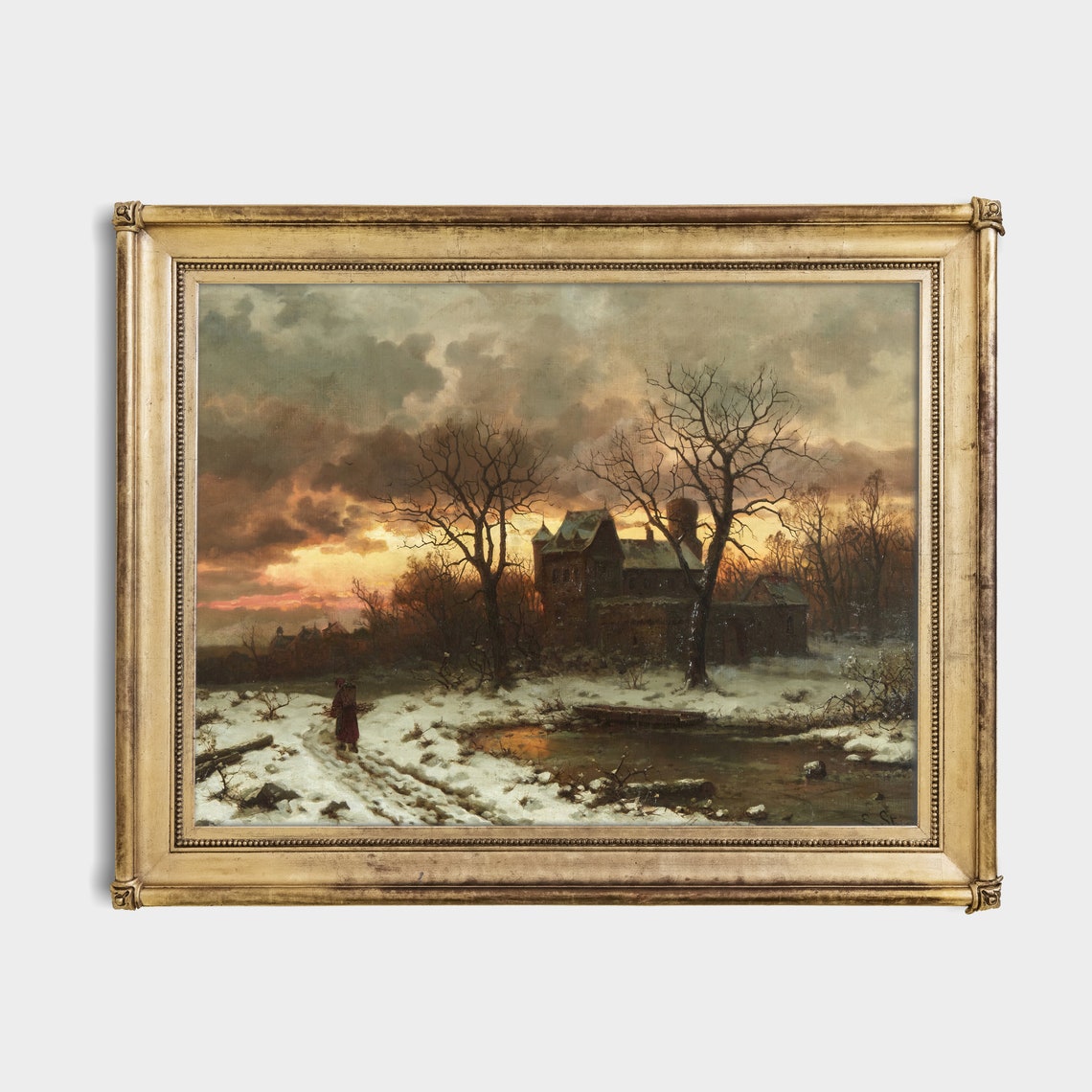 Winter Sunset Over a Snowy Mill Scene Vintage Landscape Poster - Image 2