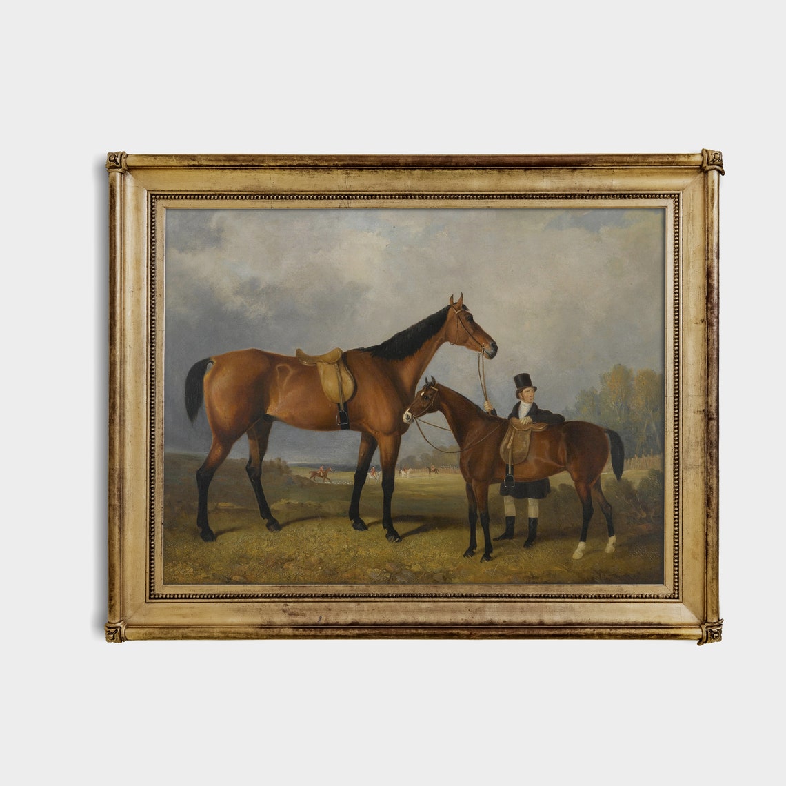 Two Saddled Bay Horses with Groom Antique English Hunt Scene Poster - Image 3