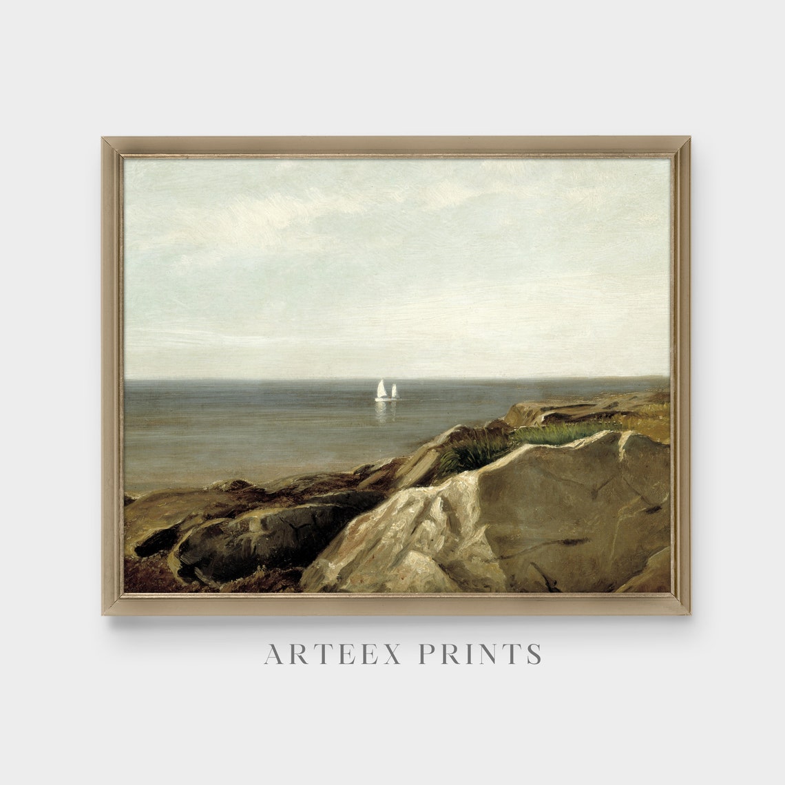 Rocky Coast with a Distant Sailboat Vintage Seascape Art Poster - Image 4