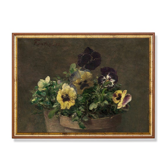 Vintage Still Life With Flower Antique Floral Painting Moody Rustic Print Potted Botanical Art Wall Art