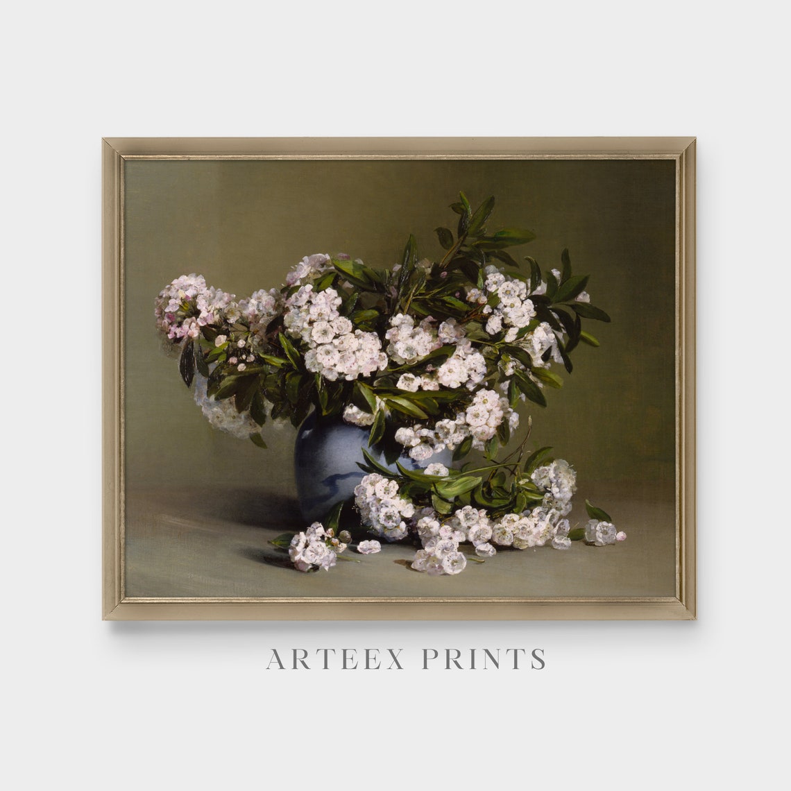 White Blossom Branches In Blue Vase Vintage Floral Still Life Poster - Image 3
