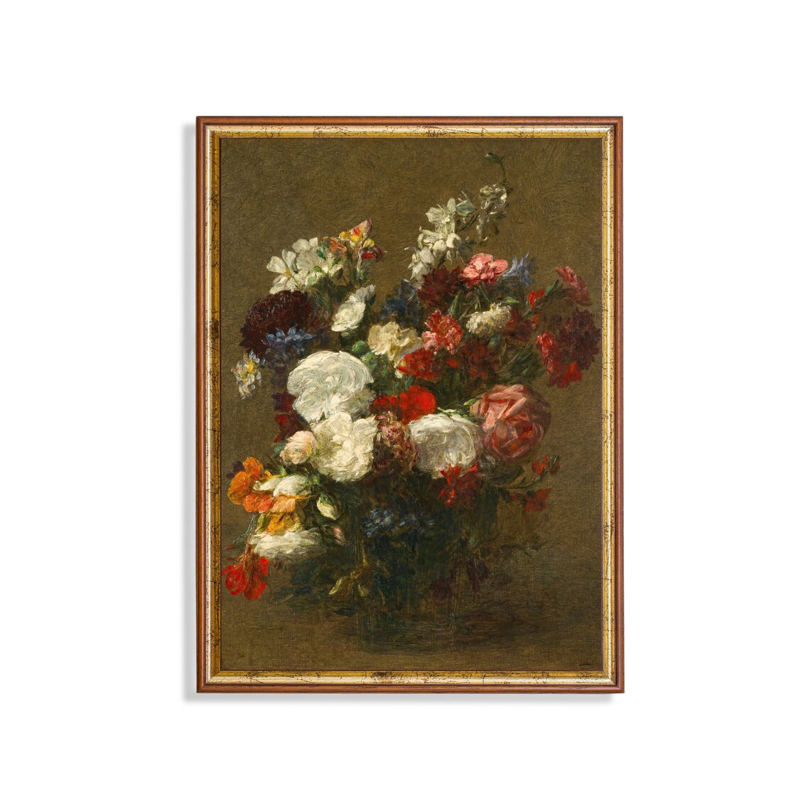 Loose Bouquet of Mixed Garden Flowers Roses on Dark Ground Oil Print