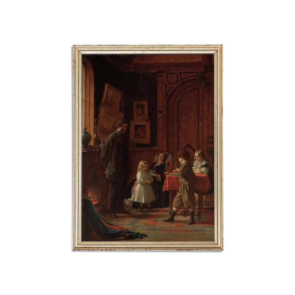 Victorian Christmas Eve Family by the Fireplace Vintage Poster - Image 3