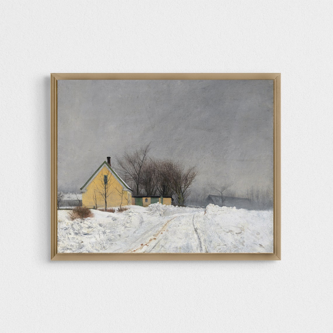 Vintage Wall Art Winter Landscape Snow Painting Foggy Cottage House Instant Antique Wall Art Farmhouse Christmas Decor - Image 4