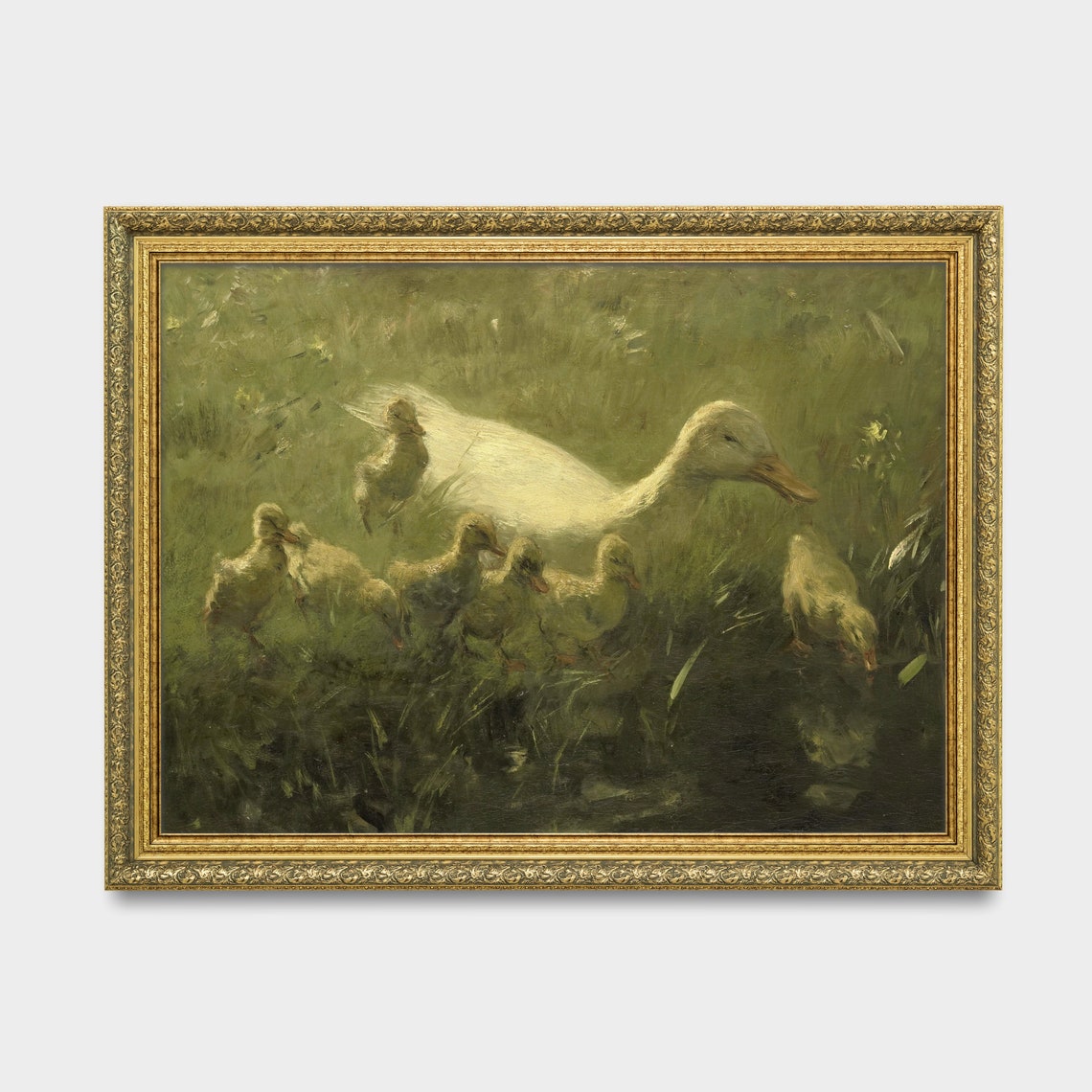 White Duck Leading Ducklings to Water Vintage Farmhouse Art Poster - Image 3