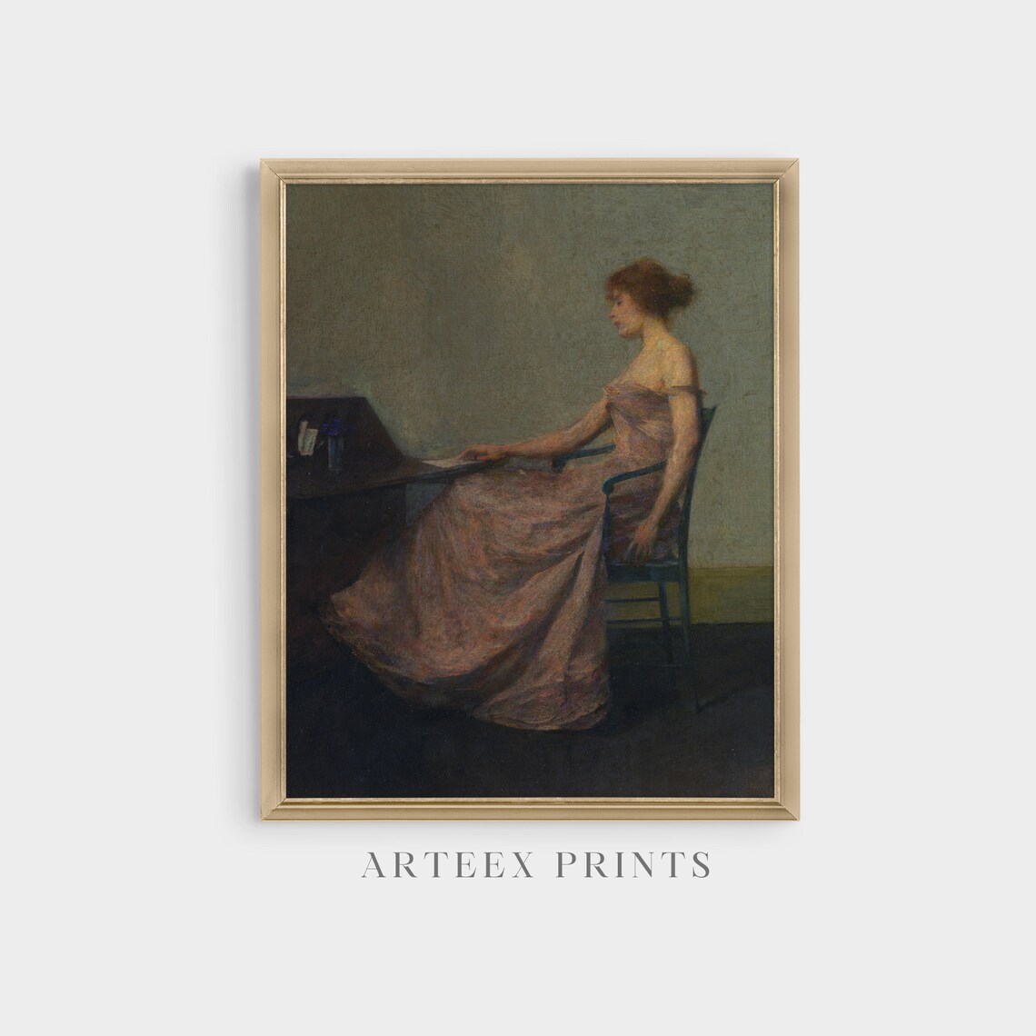 Woman in Pink Gown at a Writing Desk Vintage Portrait Poster - Image 3