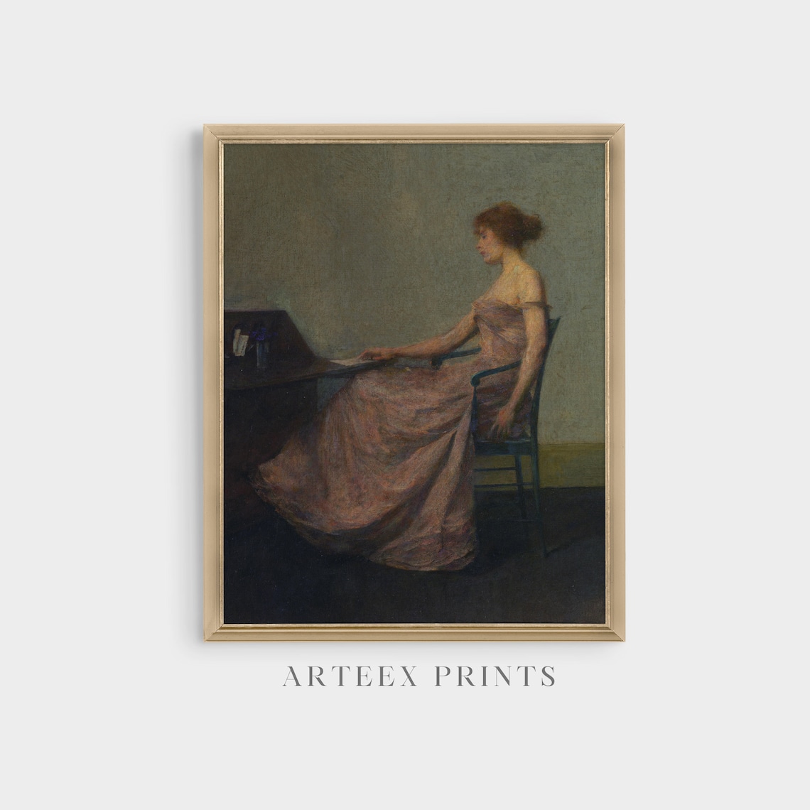 Woman in Pink Gown Seated at a Dark Desk Vintage Portrait Poster - Image 5