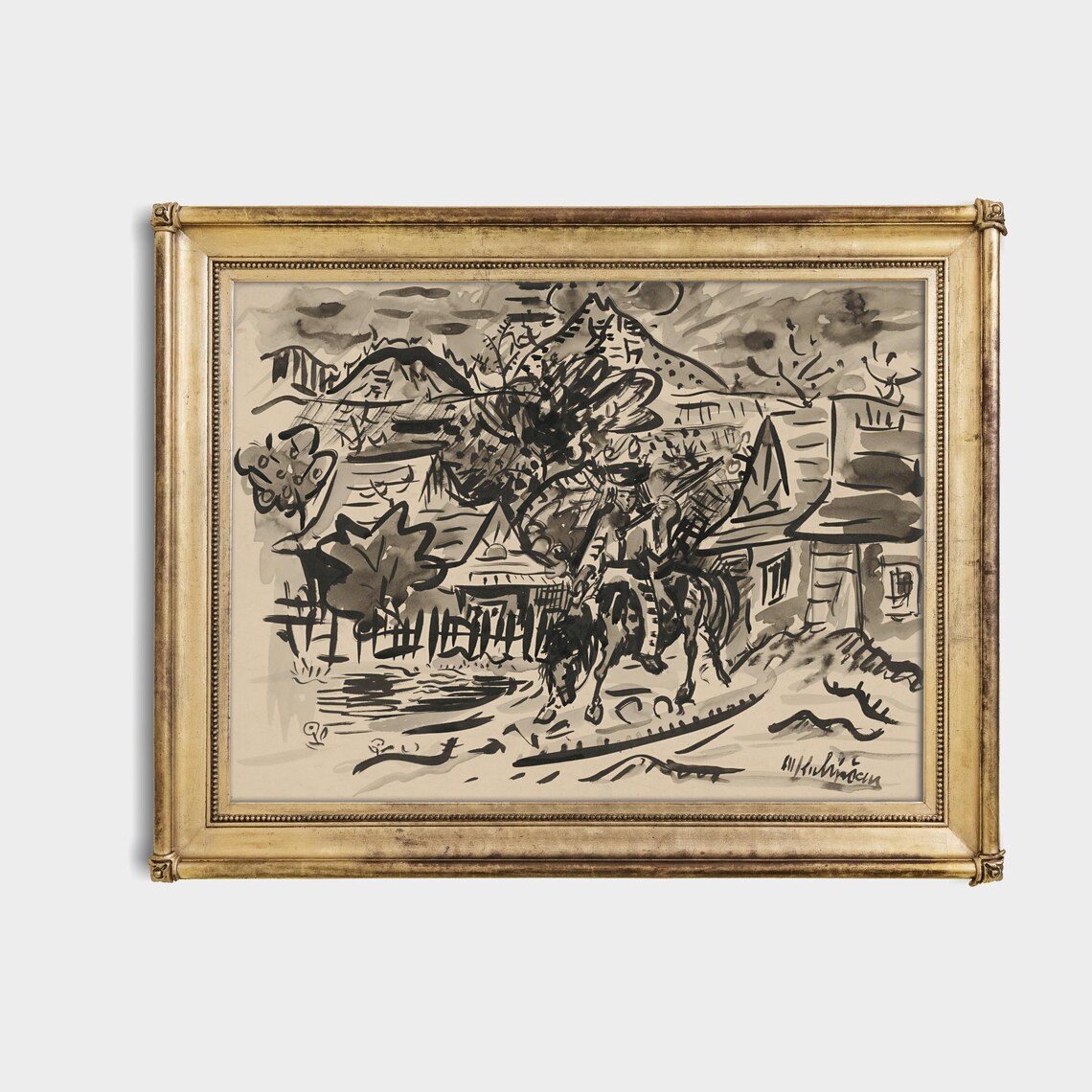 Mountain Village Ink Sketch with Horse Rider and Church Poster