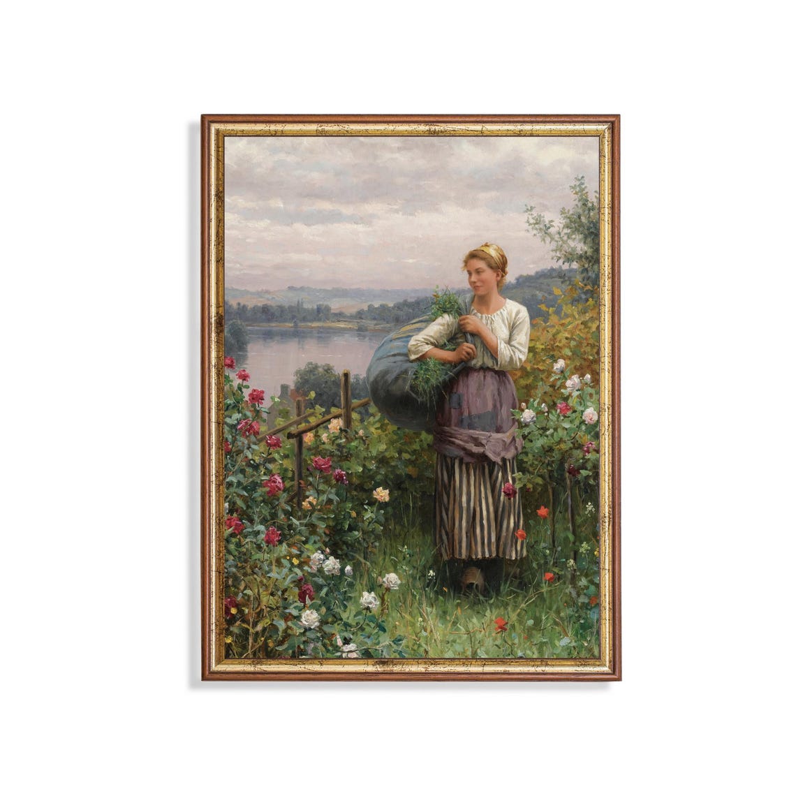 Young Woman Carrying Wildflowers in a Blooming Rose Garden Poster