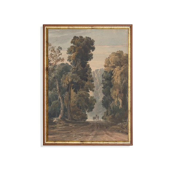 Vintage Landscape Painting Antique Country Landscape Wall Art Farmhouse Decor Forest Rustic Fine Print