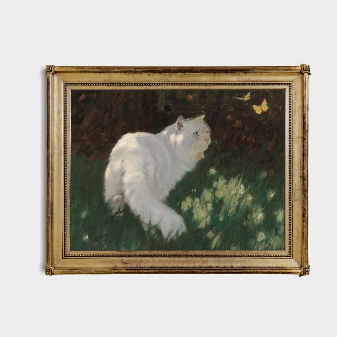 White Cat Watching Yellow Butterflies in Garden Vintage Poster - Image 2