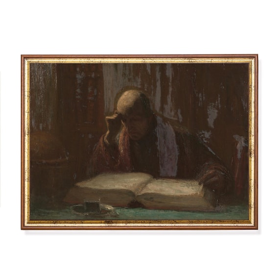 Moody Scholar Reading By Candlelight Dark Academia Oil Painting Poster