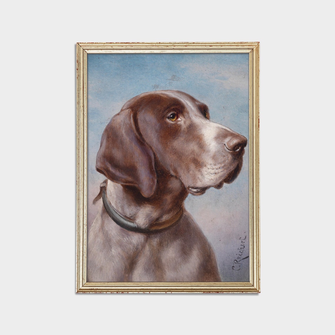 Vintage Pointer Dog Portrait Antique Gundog Head Study Oil Poster - Image 2